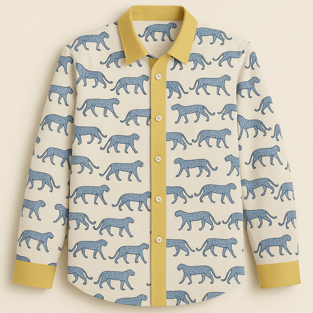 Hand block-printed 100% cotton shirt with blue cheetah pattern and golden mustard accents — Blue Cheetah Print Shirt for men by Maria Rocoto