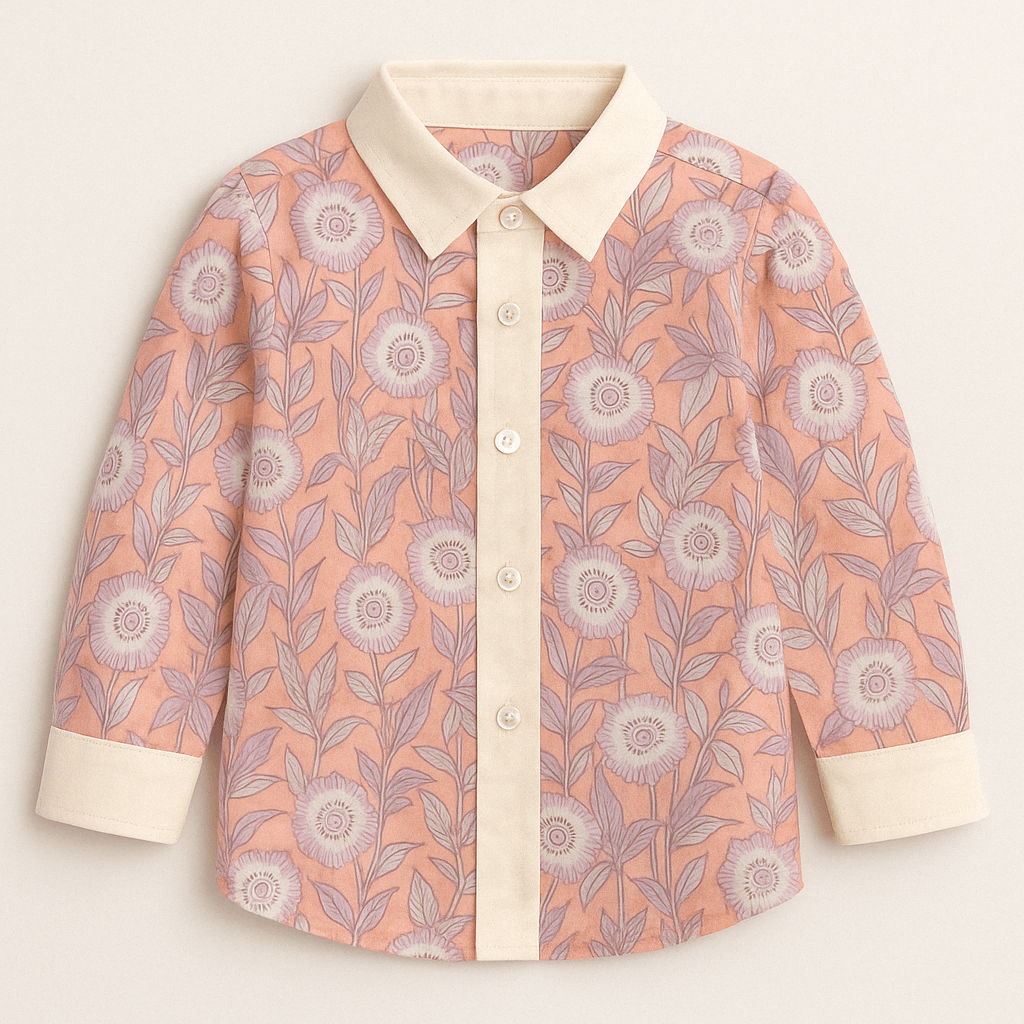 Hand block-printed 100% cotton shirt with lavender floral pattern and cream sleeves — Blush Floral Shirt for Kids by Maria Rocoto