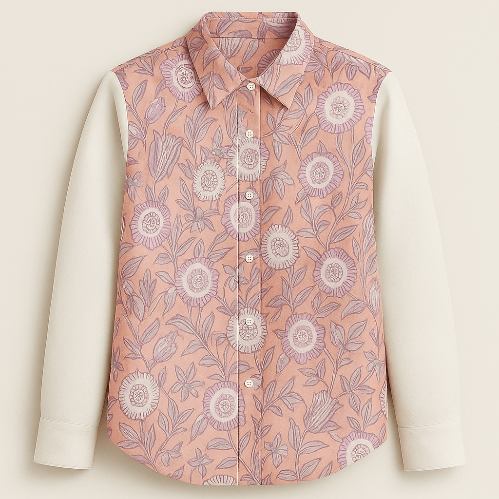 Hand block-printed 100% cotton shirt with lavender floral pattern and cream sleeves — Blush Floral Shirt for men by Maria Rocoto