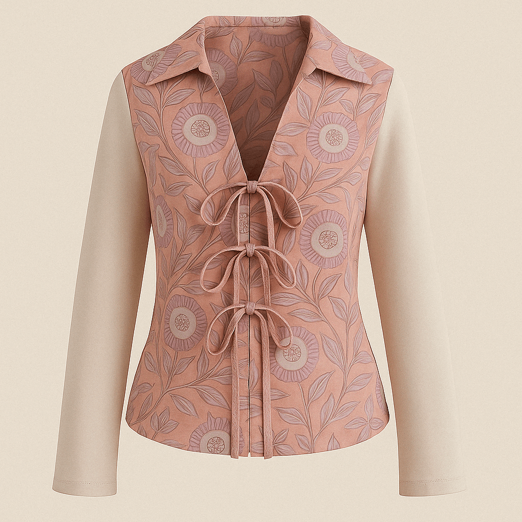Hand block-printed 100% cotton shirt with lavender floral pattern and cream sleeves — Blush Floral Shirt for women by Maria Rocoto
