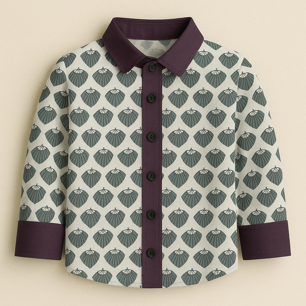 Hand block-printed 100% cotton shirt with earthy leaf motifs and violet accents — Leaf Print Shirt for kids by Maria Rocoto