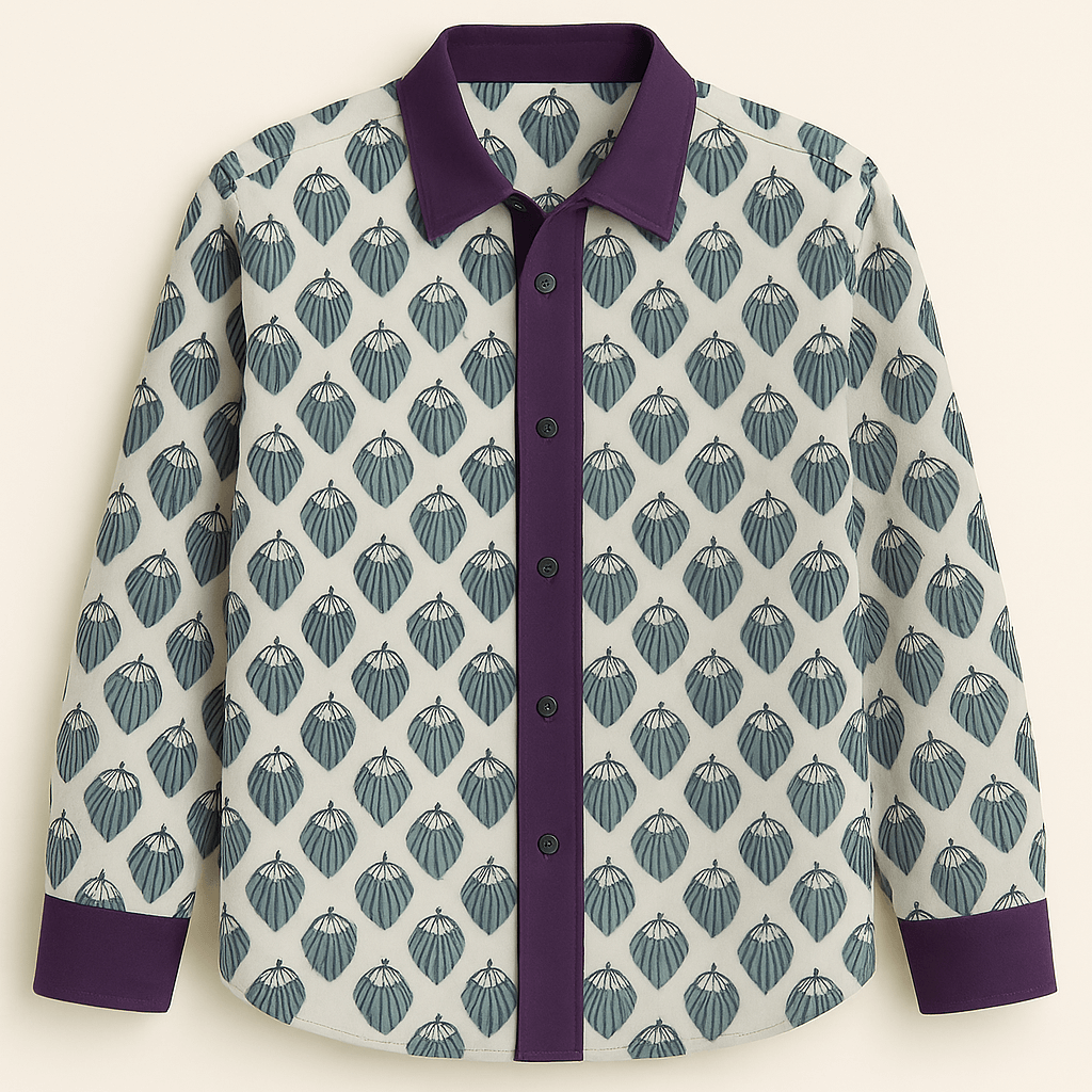 Hand block-printed 100% cotton shirt with earthy leaf motifs and violet accents — Leaf Print Shirt for men by Maria Rocoto