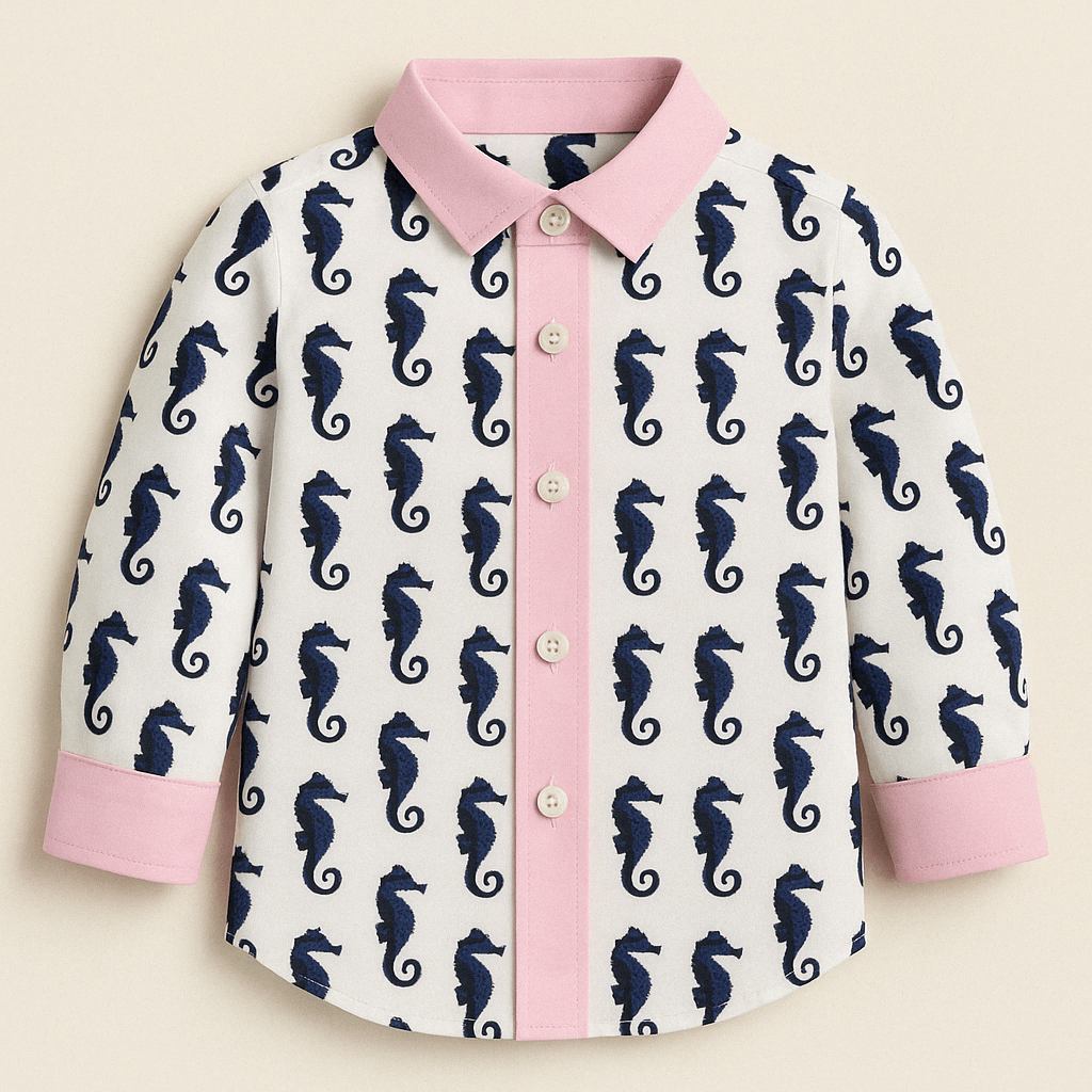 Hand block-printed 100% cotton shirt with navy seahorse pattern and dusty pink trims — Seahorse Print Shirt for kids by Maria Rocoto