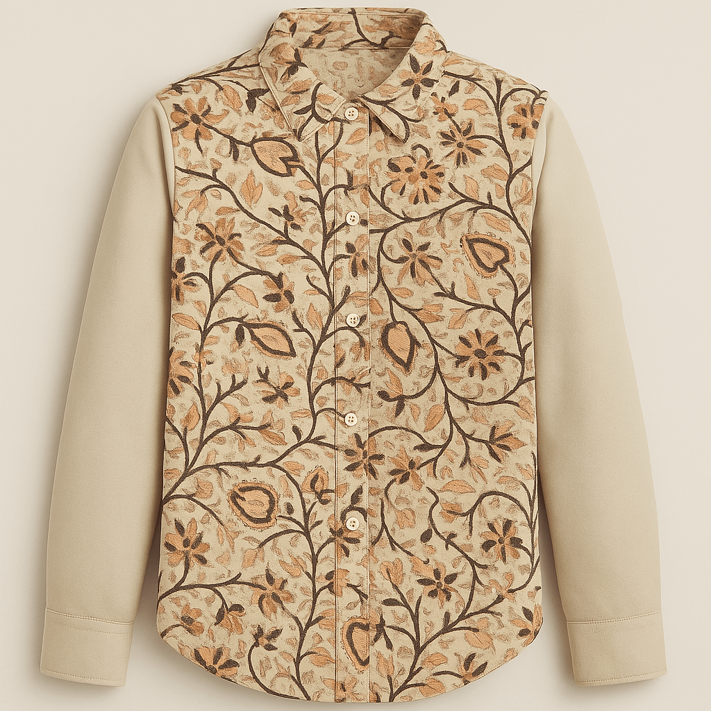 Hand block-printed 100% cotton shirt with earthy vine pattern and neutral sleeves — Terracotta Vine Shirt for men by Maria Rocoto