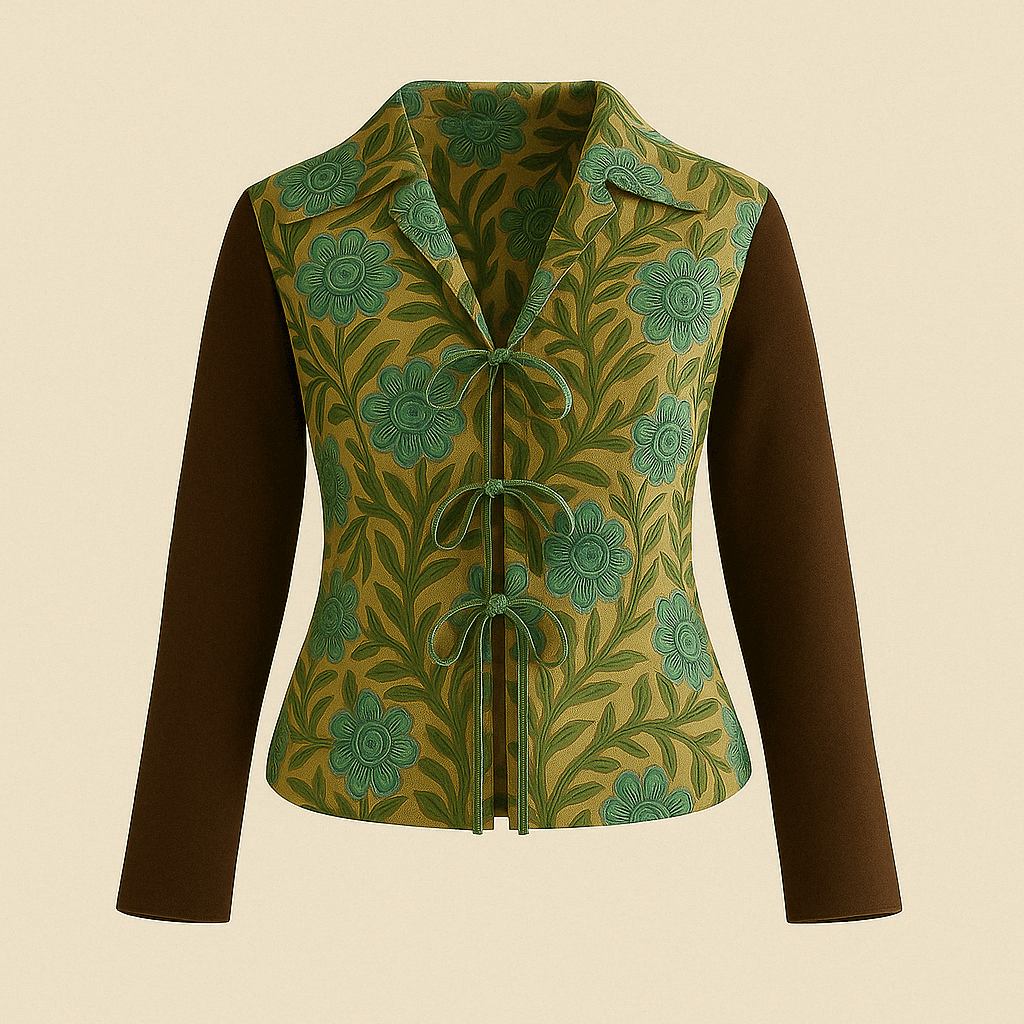 Hand block-printed 100% cotton shirt with turquoise floral pattern and brown trims — Turquoise Floral Shirt for women by Maria Rocoto