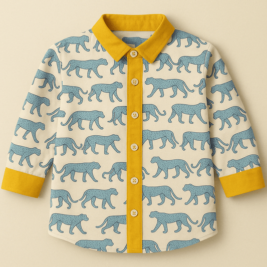 Hand block-printed 100% cotton shirt with blue cheetah pattern and golden mustard accents — Blue Cheetah Print Shirt for Kids by Maria Rocoto