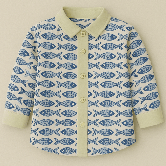Fish Print Shirt — Kids — handcrafted cotton shirt with blue fish print, hand block-printed by Indian artisans using vegetable dyes by Maria Rocoto.