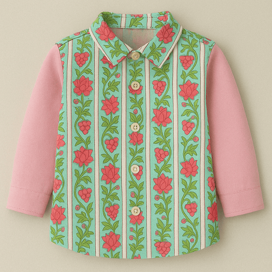 Hand block-printed 100% cotton floral shirt with pink sleeves — Floral Stripe Shirt for kids by Maria Rocoto