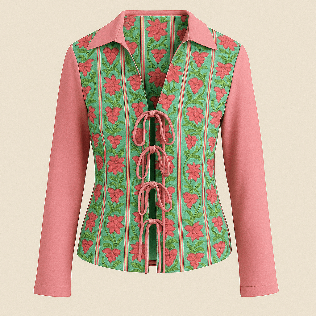 Hand block-printed 100% cotton floral shirt with pink sleeves — Floral Stripe Shirt for women by Maria Rocoto