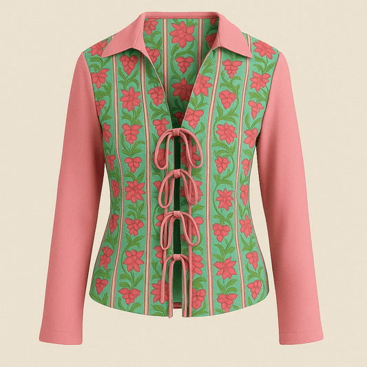 Hand block-printed 100% cotton floral shirt with pink sleeves — Floral Stripe Shirt for women by Maria Rocoto