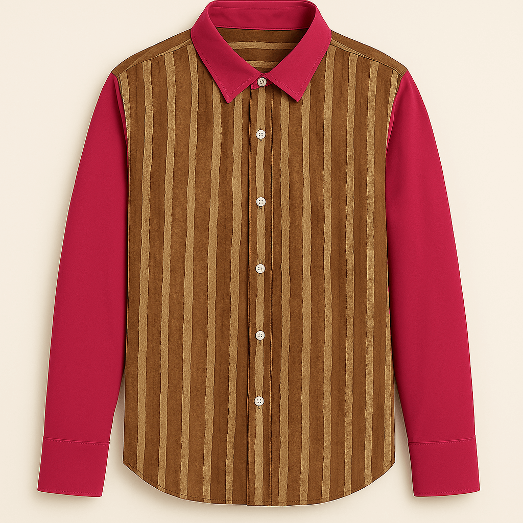 Hand block-printed 100% cotton shirt with earthy vertical stripes and crimson sleeves — Ochre Stripe Shirt for men by Maria Rocoto
