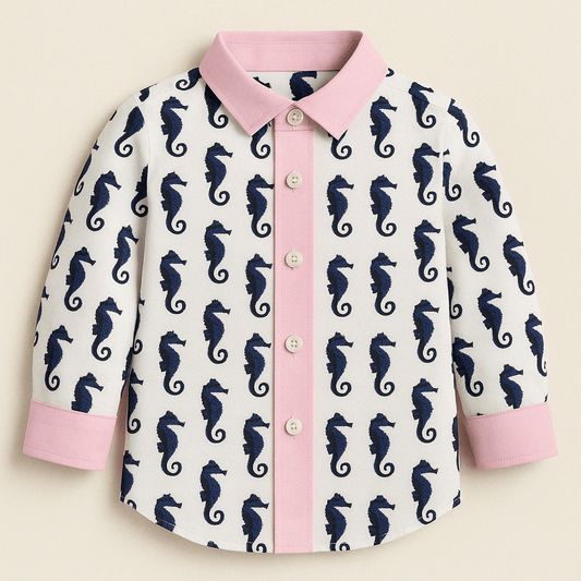 Hand block-printed 100% cotton shirt with navy seahorse pattern and dusty pink trims — Seahorse Print Shirt for kids by Maria Rocoto
