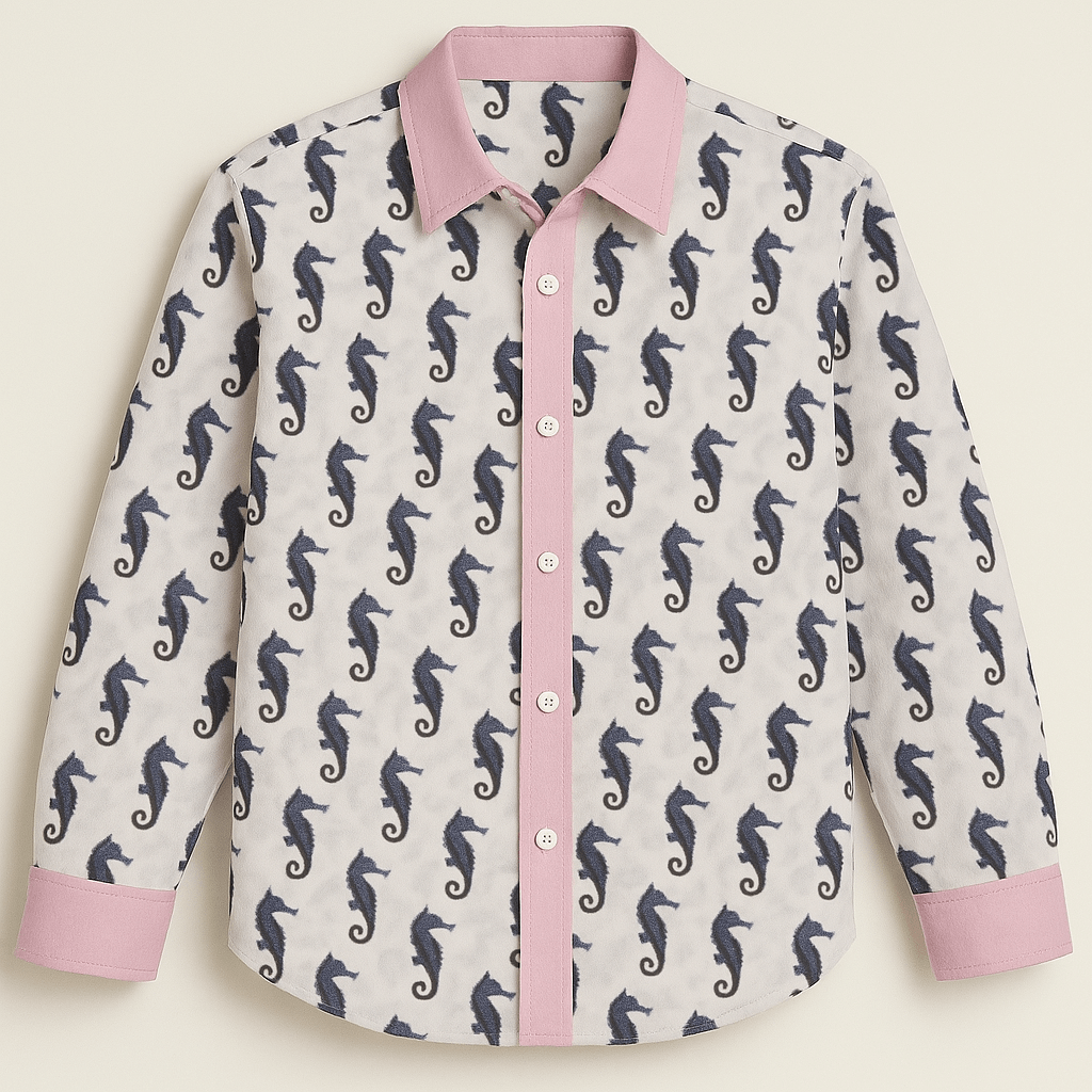 Hand block-printed 100% cotton shirt with navy seahorse pattern and dusty pink trims — Seahorse Print Shirt for men by Maria Rocoto