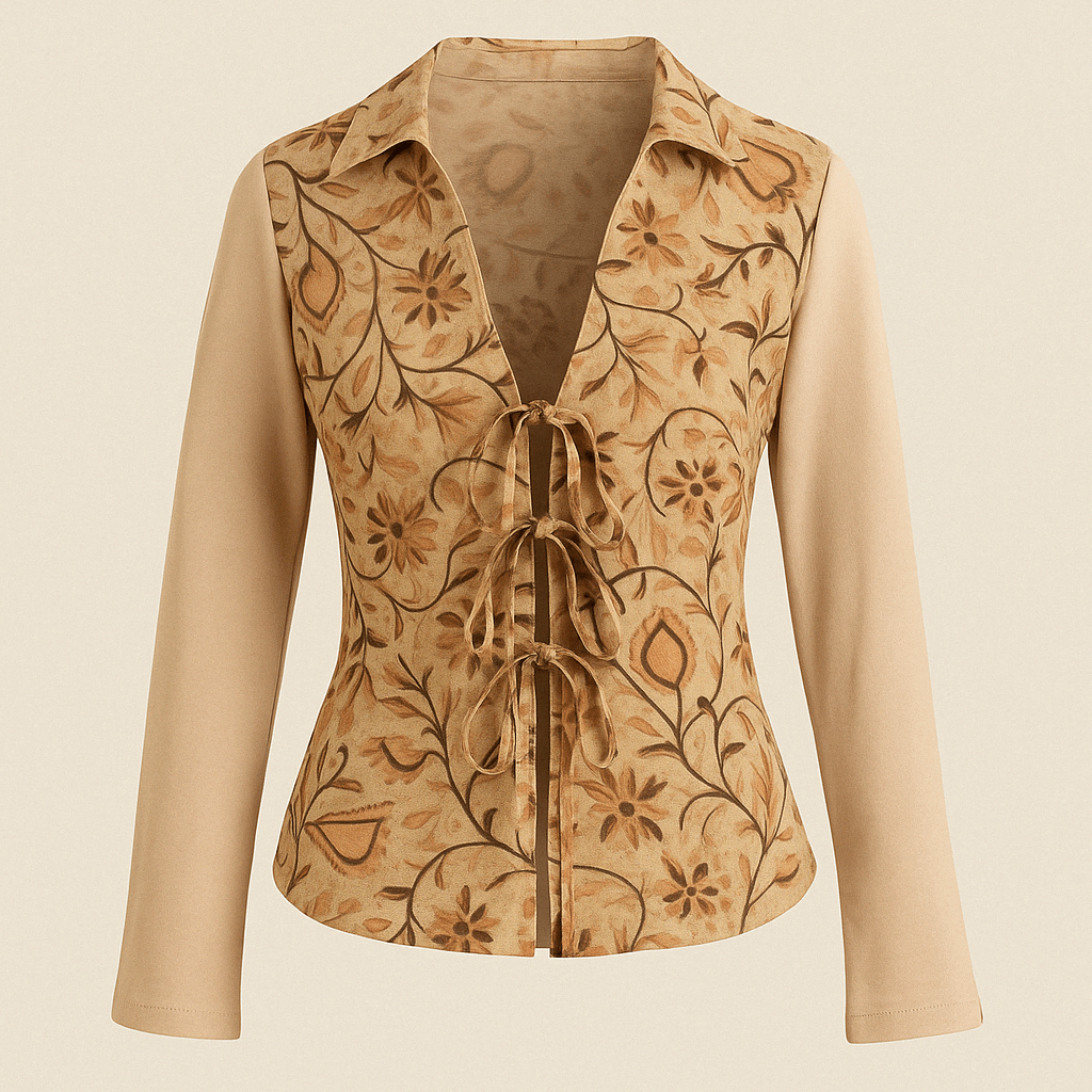 Hand block-printed 100% cotton shirt with earthy vine pattern and neutral sleeves — Terracotta Vine Shirt for women by Maria Rocoto