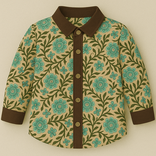 Hand block-printed 100% cotton shirt with turquoise floral pattern and brown trims — Turquoise Floral Shirt for kids by Maria Rocoto
