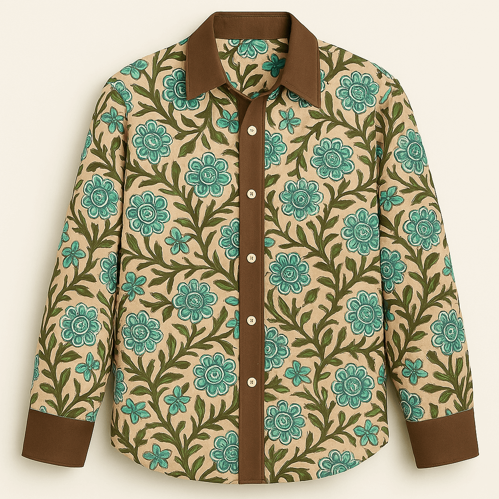 Hand block-printed 100% cotton shirt with turquoise floral pattern and brown trims — Turquoise Floral Shirt for men by Maria Rocoto